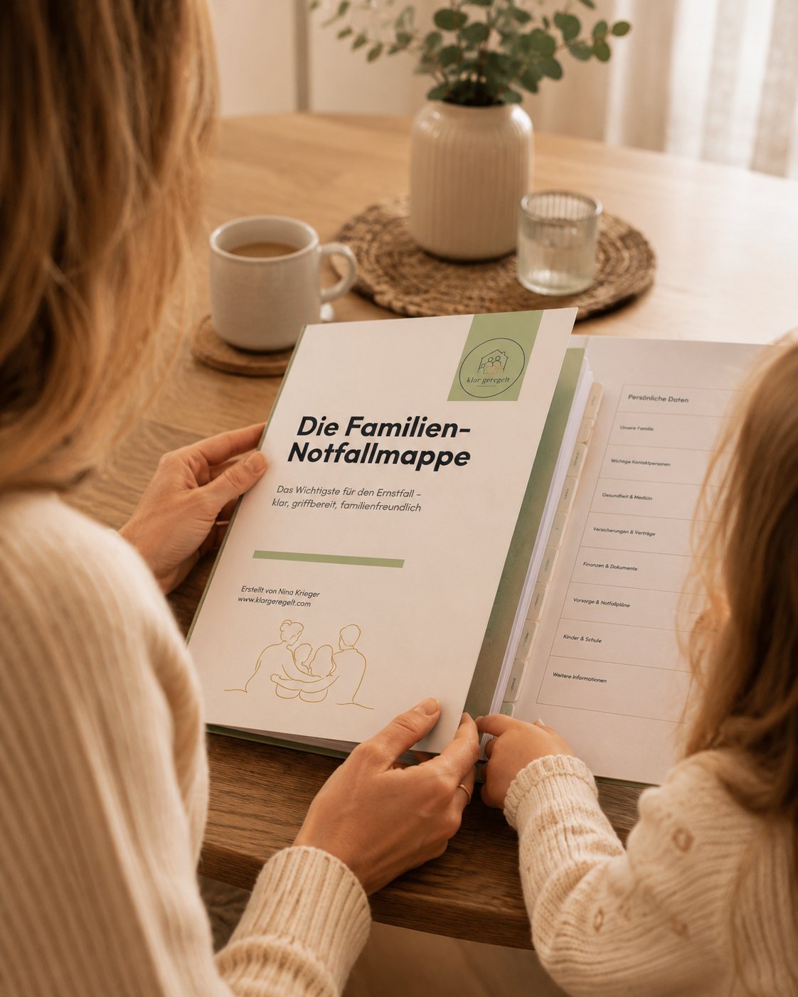 Mutter und Tochter schauen gemeinsam die Familien-Notfallmappe an.